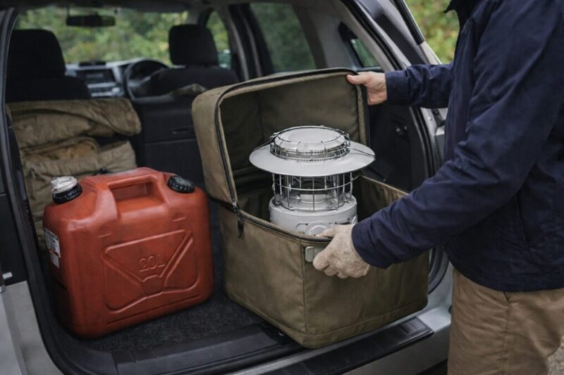 車の荷室でストーブケースと灯油缶を並べ、運搬しやすい積載導線を整えている様子