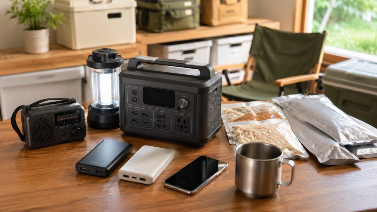 停電対策としてポータブル電源やモバイルバッテリー、防災ライト、防災食をテーブルに並べた様子