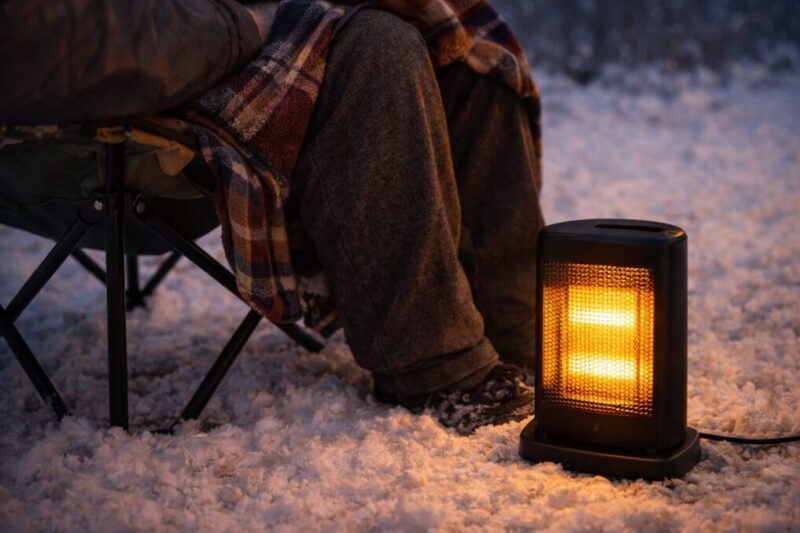 充電式ヒーターを足元の補助暖房として使っている様子