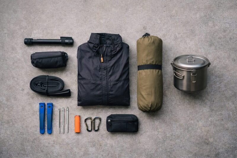 自転車キャンプ初心者がまず揃える必需品をまとめて並べたイメージ