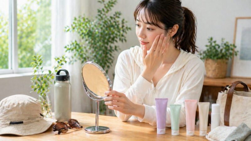 外遊び前にミラーで日焼け止め下地の仕上がりを確認する女性のイメージ