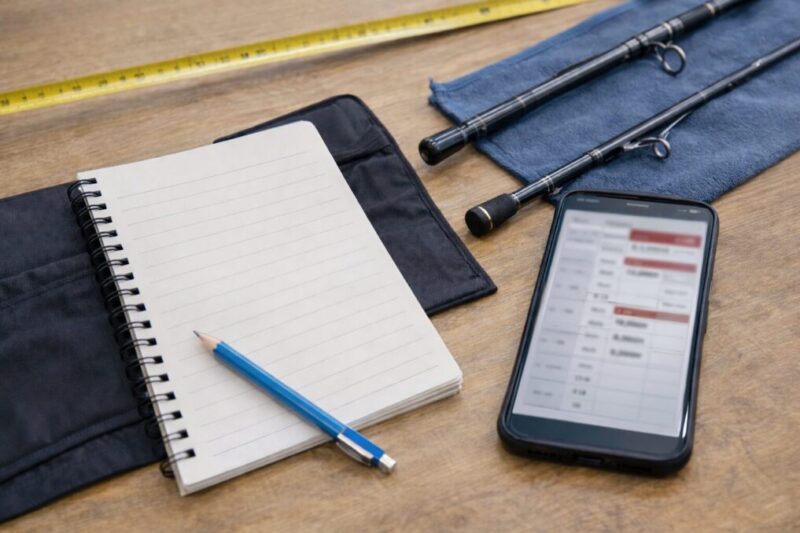 釣竿の型番や相場を確認しながら査定準備をしている様子