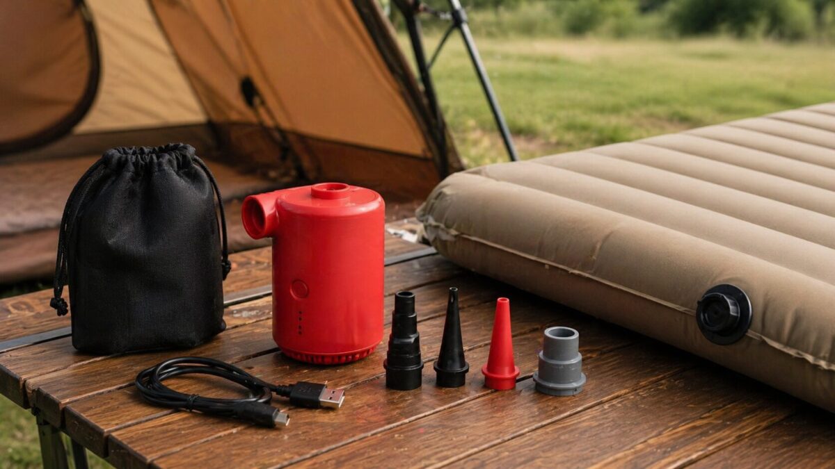 キャンプ場で小型モバイルポンプとインフレーターマットを並べてレビューしている様子