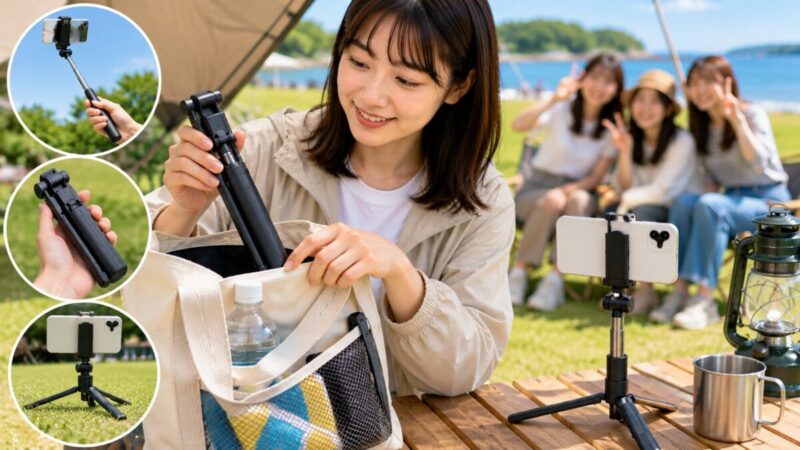 キャンプ用品のバッグに収納したコンパクトな自撮り棒と低く設置したスマホ三脚