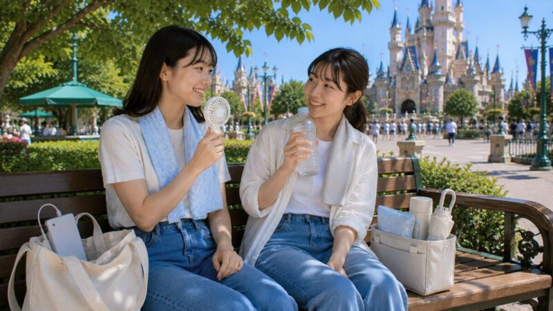 木陰のベンチで、飲み物と携帯扇風機を使って休憩する女性2人。