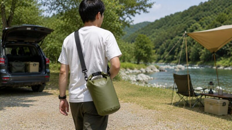 グリーンの大型防水バッグを肩に掛けて川辺のキャンプサイトへ運ぶ男性