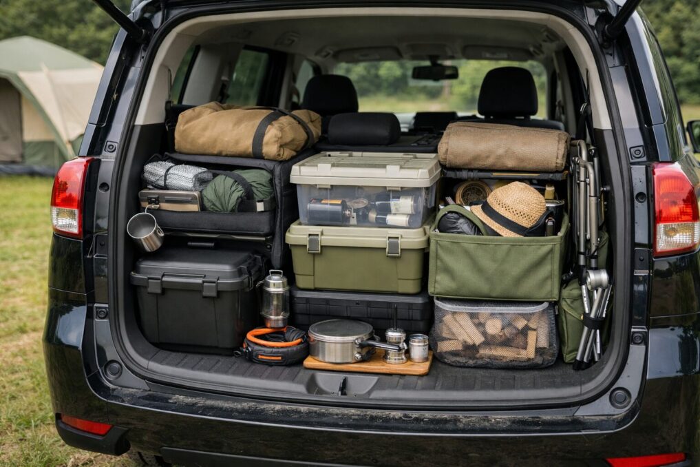 車のトランクにキャンプ道具を収納ボックスで整理して積載している様子