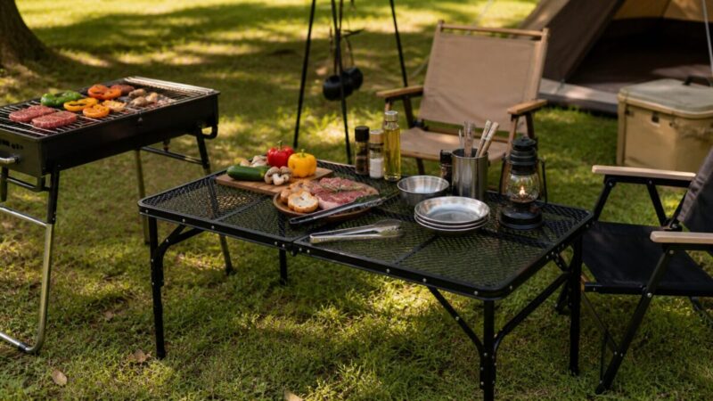 BBQの調理台として使うメッシュテーブル