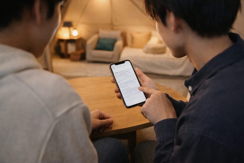 高校在学中の宿泊ルールを確認する学生グループのイメージ