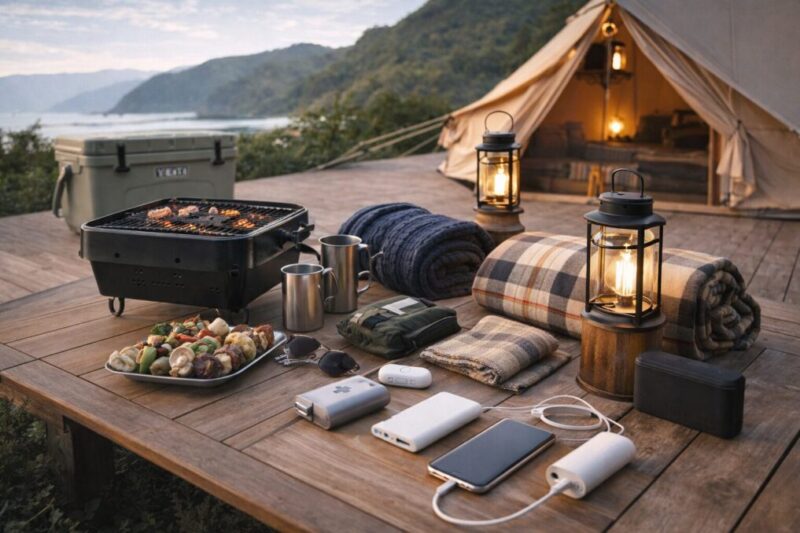 グランピングの男女グループであると便利な持ち物を並べた準備風景