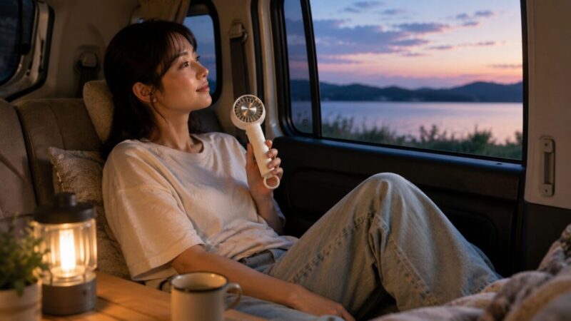 夕暮れの車内で小型ハンディファンを手に持ち、窓の外の湖を眺めながらくつろぐ女性。