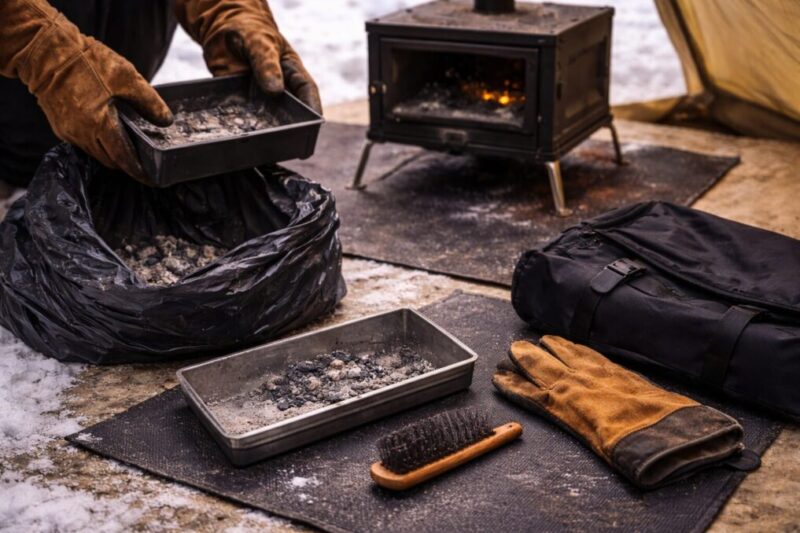 灰の処理や清掃道具を揃えて片付け準備をしている様子