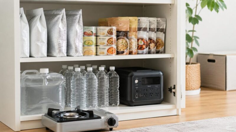簡易トイレと防災食、保存水、ポータブル電源を一緒に備えた収納イメージ