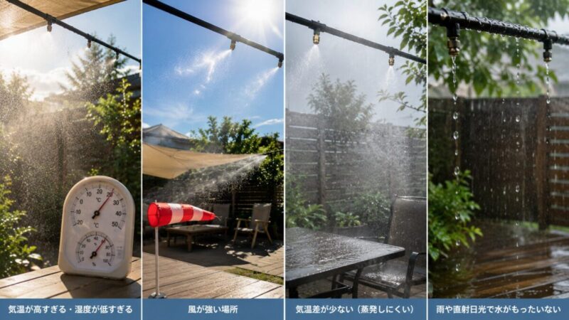屋外の天候や風の条件によってミストシャワーの広がり方が変わる様子