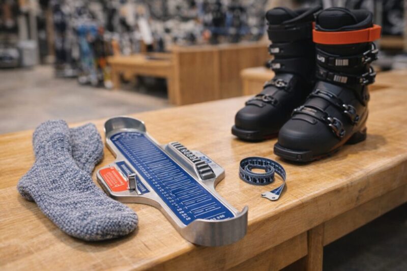 スキーブーツ購入前に足長や足幅を確認している試着イメージ