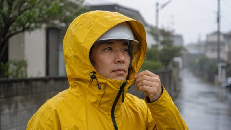 ヘルメットの上から大きめのフードをかぶり、雨の日の使いやすさを確認する様子