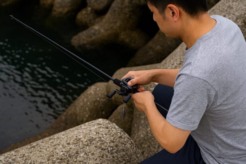 「テトラ帯でベイトロッドを使って岸壁際を狙うアングラーのイメージ」