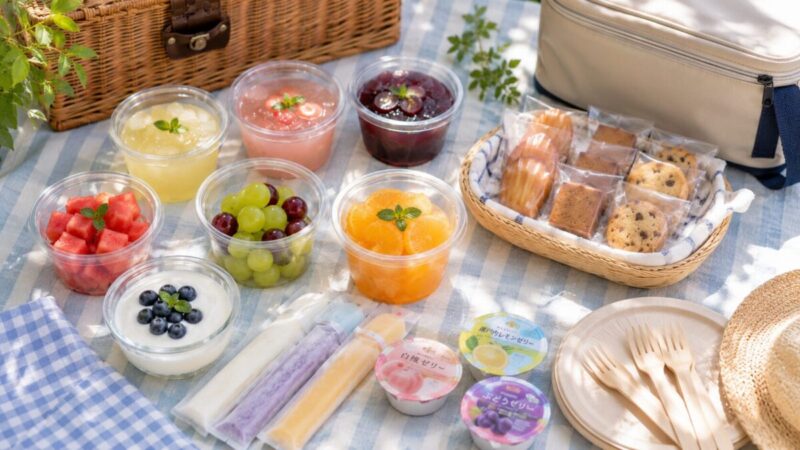 青白ストライプのピクニックシートに、カップゼリー、冷やしたフルーツ、ヨーグルト風デザート、アイスバー、焼き菓子を並べた夏のピクニック。