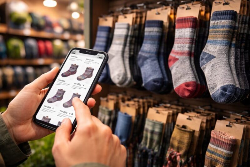 靴下売り場の前でスマートフォンを見ながら商品を比較している様子