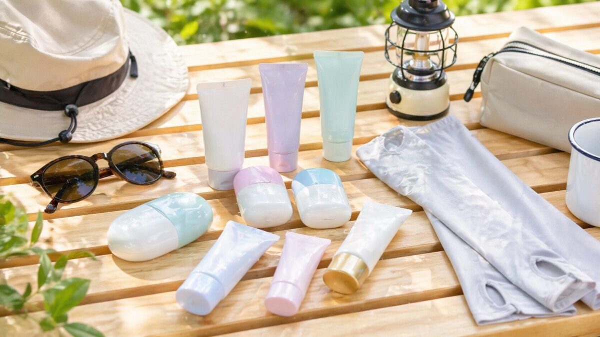 外遊び用の日焼け止めやUVケア用品、帽子、サングラス、アームカバーをキャンプテーブルに並べたイメージ