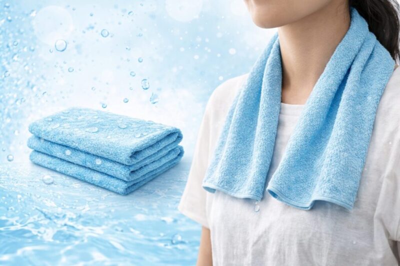 冷感タオルの涼しさと首元での使用イメージを組み合わせた商品紹介風画像