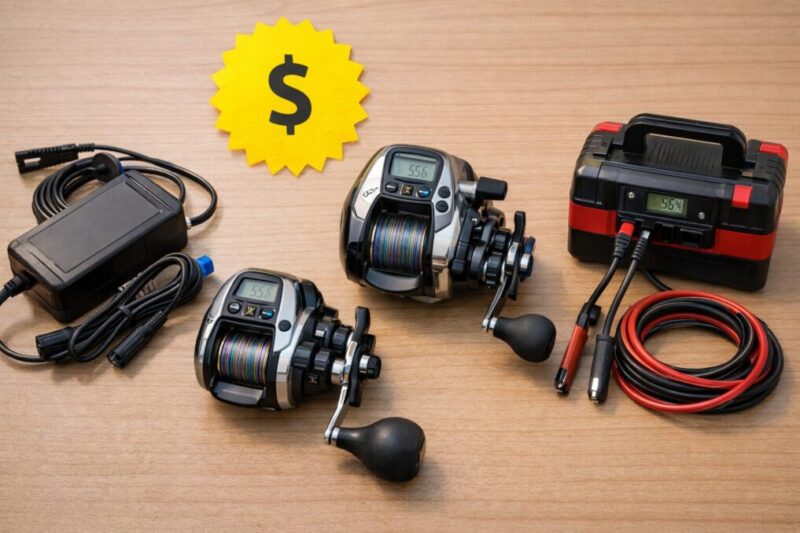 コスパ重視で電動リールと周辺機器を比較しているイメージ