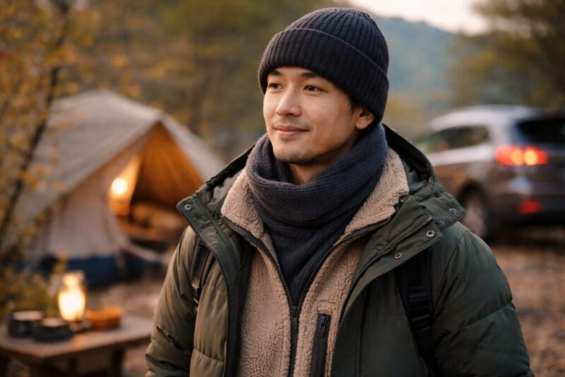 屋外でニット帽をかぶり、深さやフィット感を確認している様子