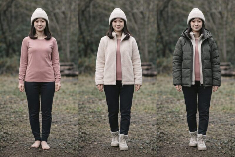 冬の屋外で役立つ重ね着の順番を示したイメージ