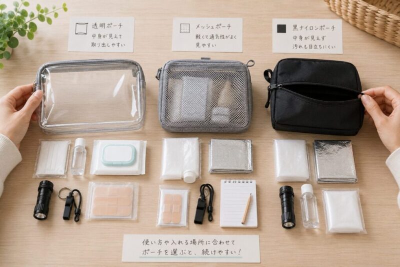 防災ポーチ作りで使いやすい透明ポーチとメッシュポーチの比較