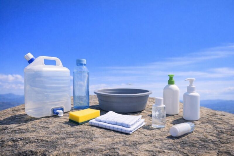 青空を背景に、岩の上に給水タンクやボトル、洗い桶、スポンジ、タオル、洗剤ボトルなど水まわりの道具が並んでいる風景。
