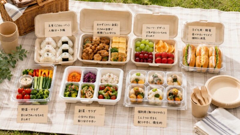 主食・おかず・フルーツ・野菜・子ども用の軽食を、複数の使い捨て容器に分けて並べた大人数向けのピクニック弁当。