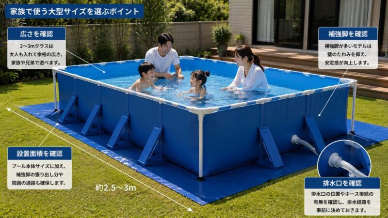 補強脚と排水ホースを備えた家族向け大型プールを庭に設置した様子