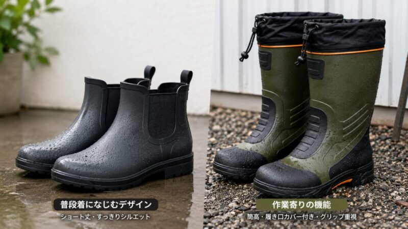 黒いショート丈レインブーツと、履き口カバー付きのカーキ色作業向け長靴を並べた比較写真。