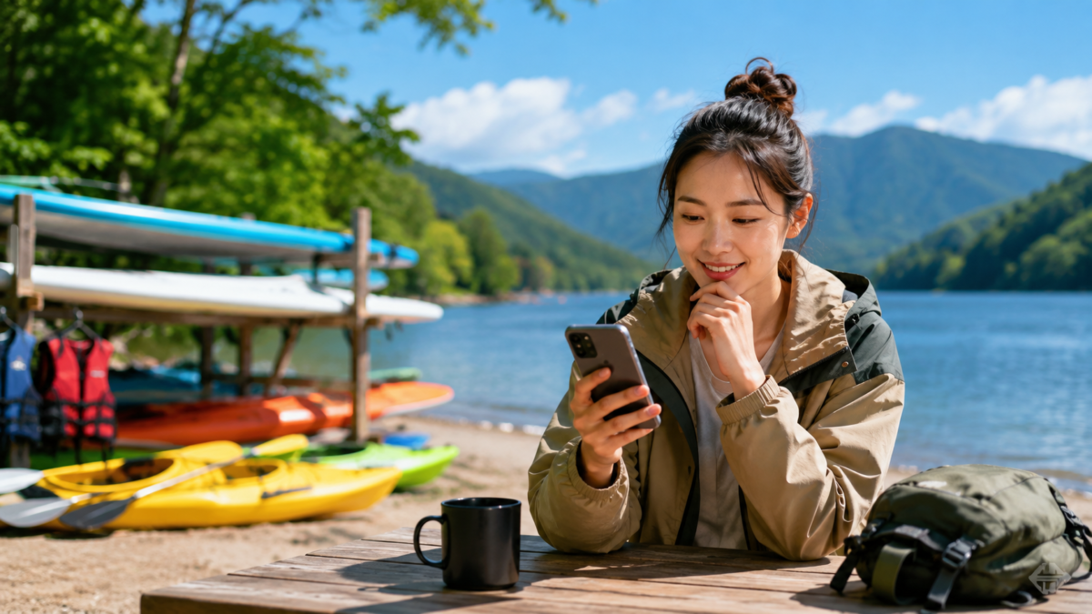 スマートフォンでSUPやカヤックなどの外遊び体験を探す女性