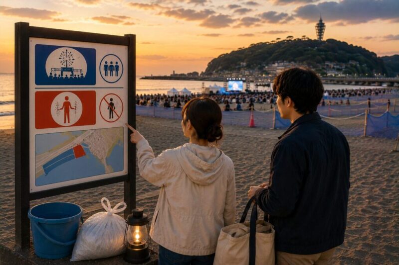 夕暮れの江ノ島近くの海岸で、イベント会場の人の流れと利用案内を確認する大人2人