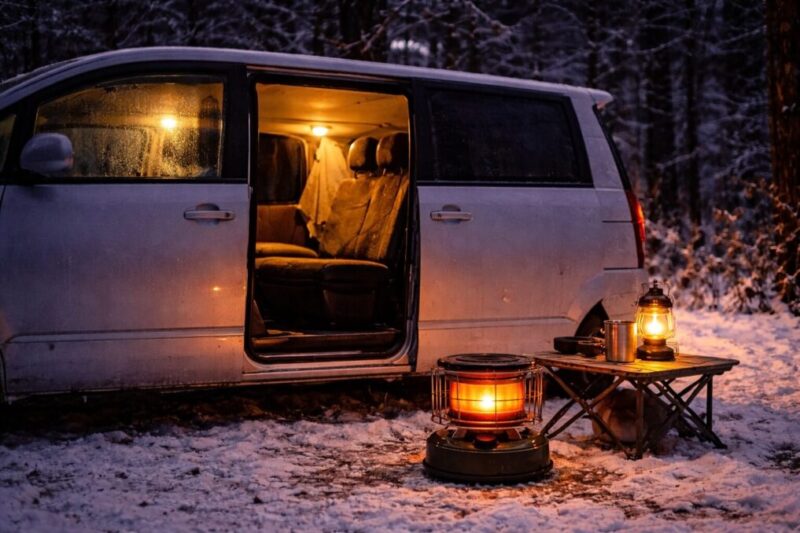 車内では使わず、夜の屋外で暖房を利用する判断を示した冬キャンプ