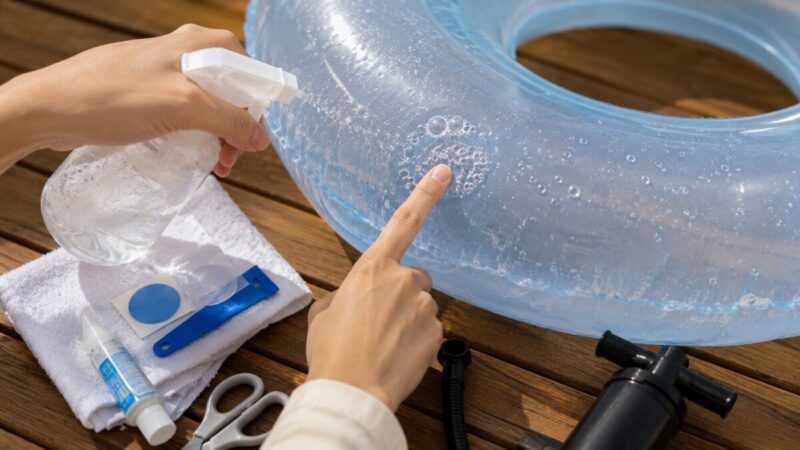 石けん水を吹きかけ、気泡が出る場所から浮き輪の空気漏れを探している手元。