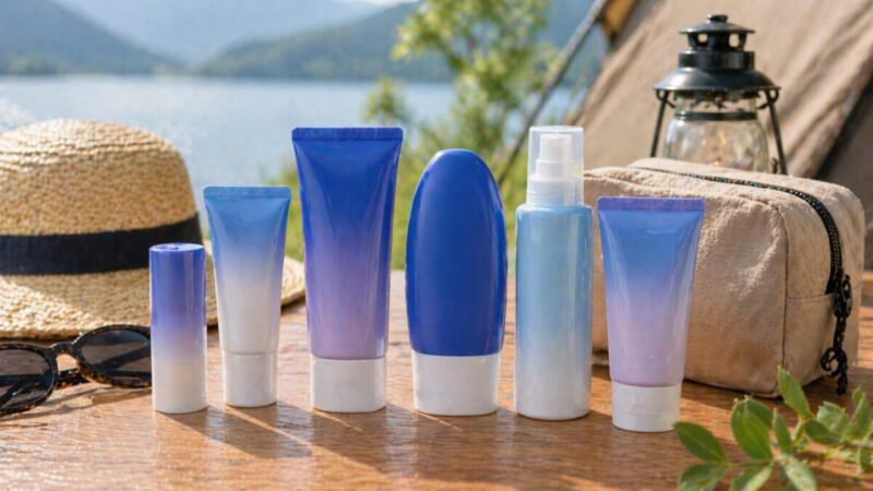 青系グラデーションの日焼け止めを外遊び用ポーチと一緒に準備するイメージ