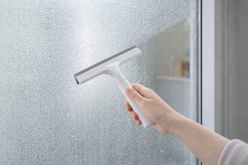 すりガラスの水滴をワイパーで取っている様子