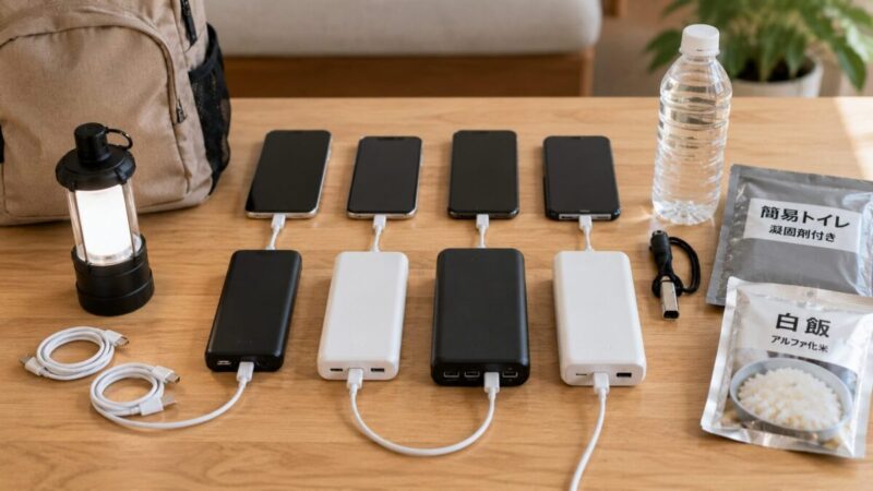家族分のスマホとモバイルバッテリーを並べて災害時の充電対策を示した様子