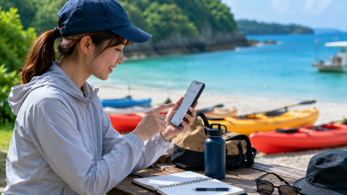海辺でスマートフォンからアクティビティの予約内容を確認する旅行者