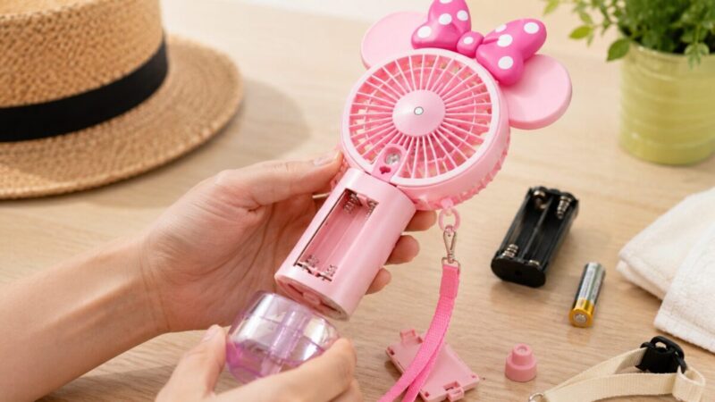 中古のミストファンを購入前に電池ボックスや水タンクを確認している様子
