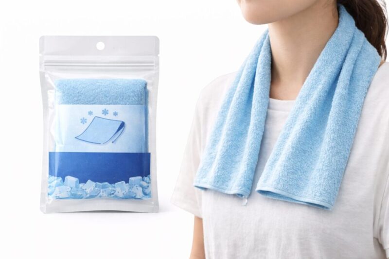 低価格帯のクールタオル風アイテムと使用イメージを並べた比較画像