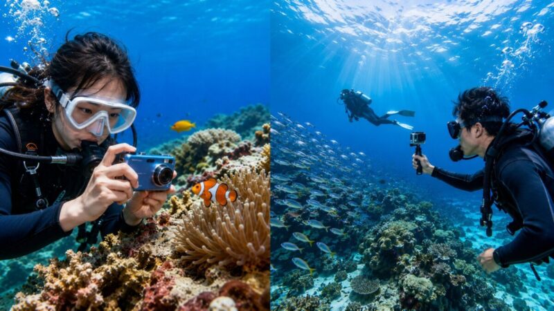 防水コンデジによる魚の写真撮影とアクションカメラによる魚群の動画撮影の比較