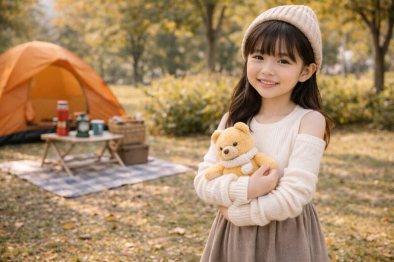 秋の公園でニットトップスにアームウォーマーを合わせた子どもが笑顔で過ごしている写真