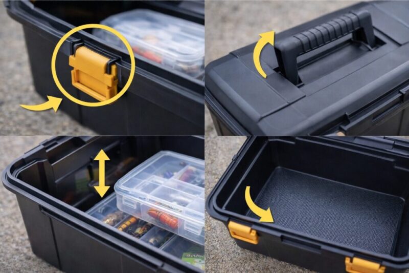 釣り収納を選ぶ際に確認したいロックや深さのポイントを示した図