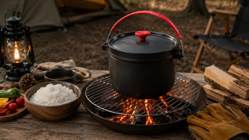 焚き火台の上で黒いライスクッカーを加熱し、キャンプ炊飯の時間と火加減を見ながらご飯を炊く様子