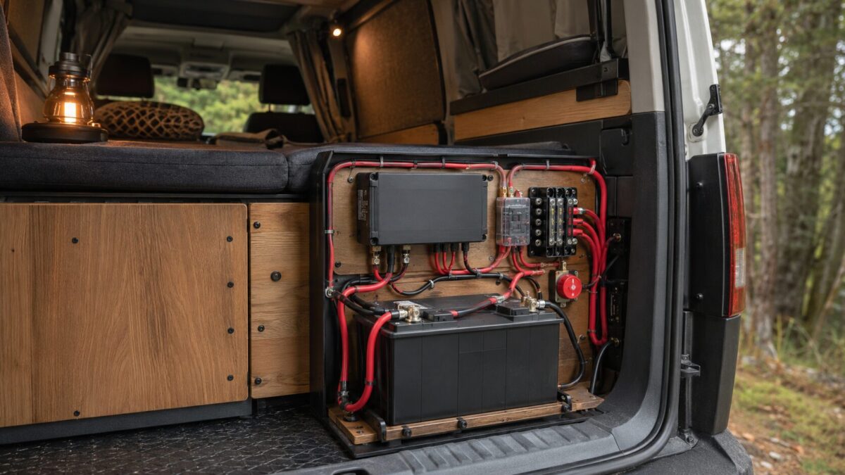 車中泊用バンに設置された走行充電器とサブバッテリー配線のイメージ