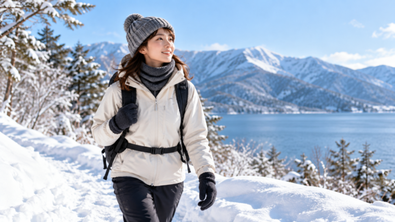 雪の屋外で防寒ジャケットやネックウォーマー、手袋を着用して歩く女性