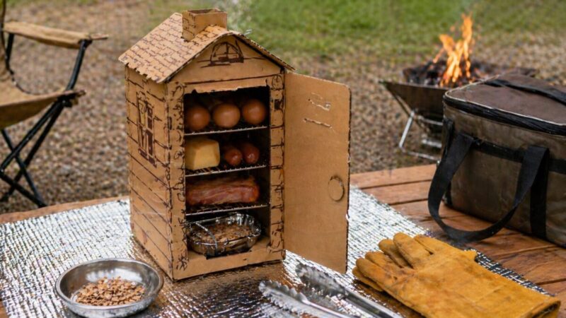 キャンプテーブルに置かれた紙製スモーカーで卵やチーズ、ソーセージを燻製している様子